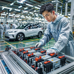 Chinese engineer working on EV car battery cells module in a electric vehicle factory