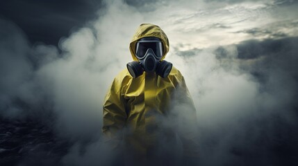 Obraz premium A person dressed in a protective hazmat suit stands in a foggy environment, creating a sense of mystery and caution.