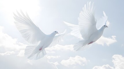 Obraz premium White doves soaring in the sky, representing peace and spirituality.