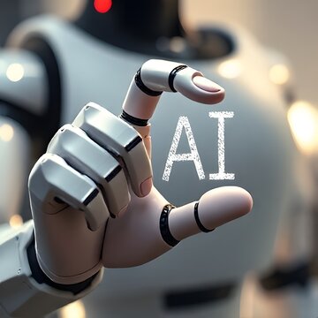 Closeup on a robot hand bearing the "AI" sign.