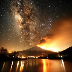Stunning eruption of a volcano under a starry night sky reflecting on a tranquil lake