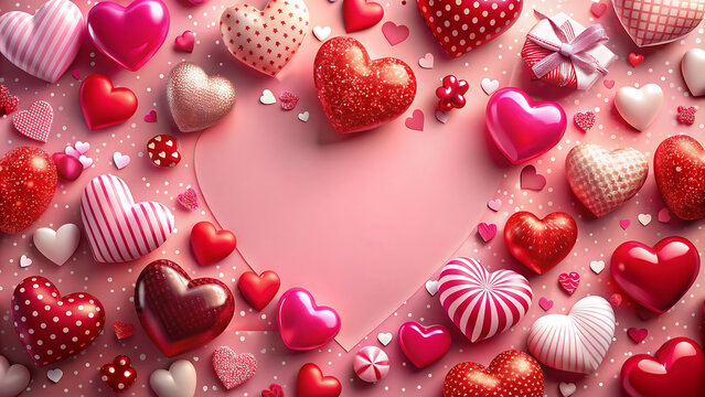 Happy Valentine's day poster or voucher. Beautiful paper cut white clouds with white heart frame on pink background. 
