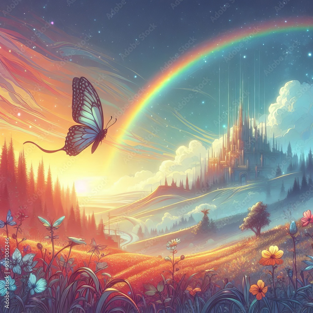 Poster a mesmerizing scene of a butterfly flying in a vibrant, fantasy landscape with a glowing castle and 