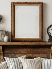 Cozy Farmhouse Inspired Living Room Decor with Carved Wood Frame Mockup Striped Accent Pillows and Vintage Clock on Mantel