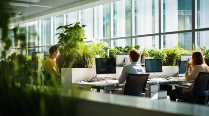An open office environment with focused individuals working at their desks, surrounded by greenery and natural light, promoting productivity and well-being.