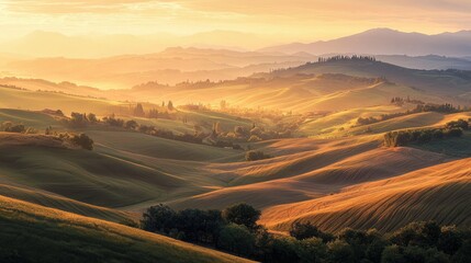 Majestic Sunset Over Rolling Hills: Warm Colors and Shadows in Contrast