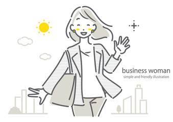 笑顔で出勤する充実しているビジネスウーマン　シンプルでお洒落な線画イラスト　
