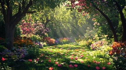 Obraz premium Tranquil Garden Oasis: Blooming Flowers in Sunlight with Playful Shadows