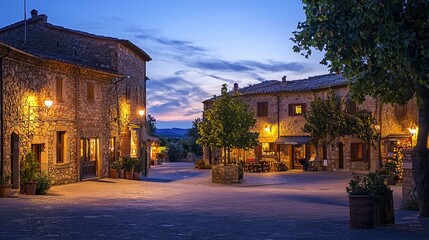 Fototapeta premium Enchanting Village Square at Dusk with Illuminated Shops Casting Warm Shadows