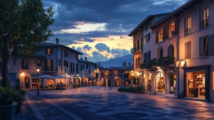 Fototapeta premium Twilight Ambiance in a Quaint Village Square - Charming Night Scene with Shop Lights Casting Soft Shadows