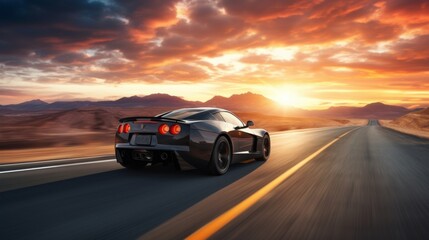 A sleek sports car speeds on an open road against a breathtaking sunset, capturing the thrill of the drive and the beauty of the landscape.