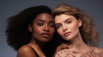 Three women with varied skin tones and hair textures pose closely, radiating beauty, diversity, and strength through their sincere expressions.