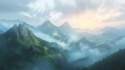 Fototapeta premium Serene Dawn in the Mountains - Surreal Landscape with Soft Shadows Beckoning Exploration