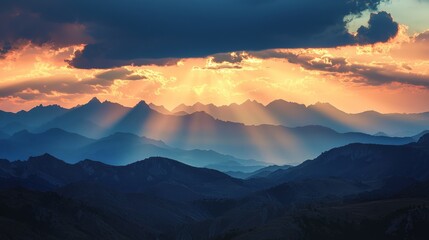 Obraz premium Majestic Sunset: Shadows and Light Dance on Mountain Range Silhouette