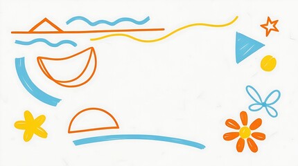 Obraz premium Abstract, hand-drawn illustration on a white background with geometric shapes and flowers. Includes blue, orange, and yellow triangles, wavy lines, and two orange flowers.