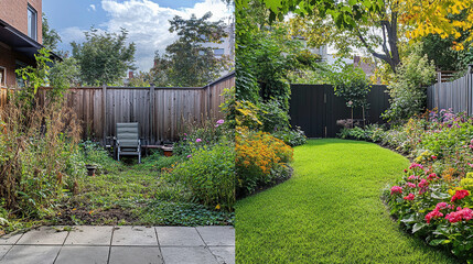 Garden before and after renovation – wild nature vs. manicured lawn