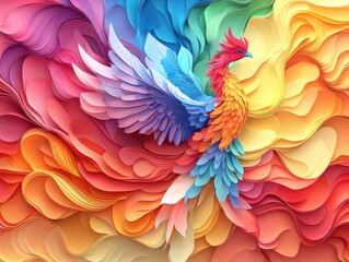 Fototapeta premium Craft a top-down perspective of a vibrant multicolored phoenix emerging from a sea of hues in a digitally rendered masterpiece symbolizing reinvention and the boundless influence o