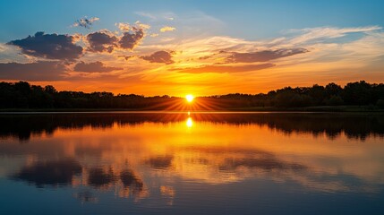 Serene Sunset Reflections: Vibrant Colors of Nature at Peaceful Lake