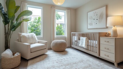  Cozy nursery with neutral tones, a large armchair, and a crib, creating a warm and inviting space for a baby. Soft lighting enhances the serene atmosphere.