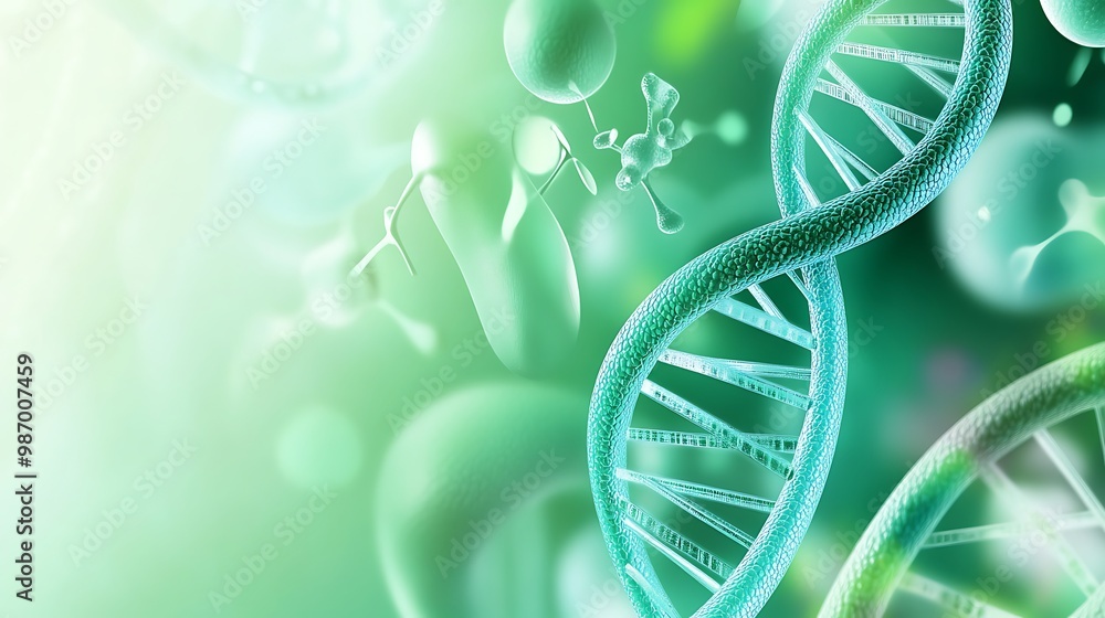 Aufkleber 3d rendered dna double helix with floating cells and molecules on a green and white background.