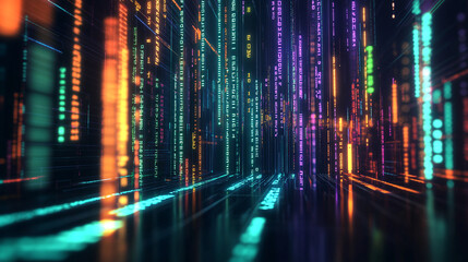 Technological background. Various symbols of different colors and shades form columns reminiscent of a matrix. Black background