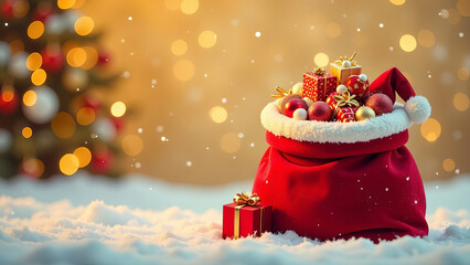 Large open red santa claus bag with lot of gifts, festive christmas card, space for text, festive golden blurred background