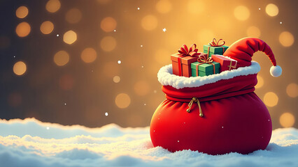 Large open red santa claus bag with lot of gifts, festive christmas card, space for text, festive golden blurred background