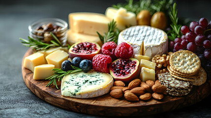 A gourmet cheese platter with an assortment of cheeses, fruits, nuts, and crackers arranged on a rustic wooden board, illuminated by soft ambient light that highlights the textures and flavors