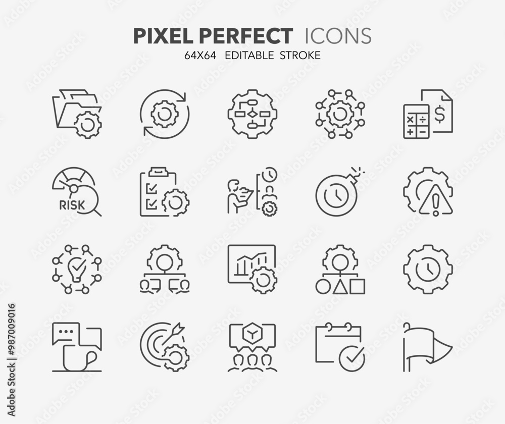 Wall mural line icons about project management. contains such icons as workflow, task, to do list, timeline and