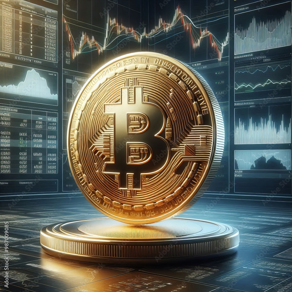 Poster a close-up of a golden bitcoin standing upright against a backdrop of financial data and charts. the