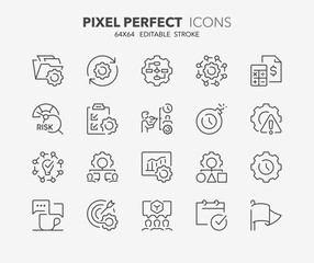 Line icons about project management. Contains such icons as workflow, task, to do list, timeline and deadline. Editable stroke Vector 64x64 pixel perfect