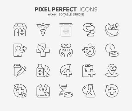 Line icons about pharmacy and medication. Contains such icons as treatments, naturophaty, dose and more. Editable vector stroke 2 of 2 sets. 64x64 pixel perfect