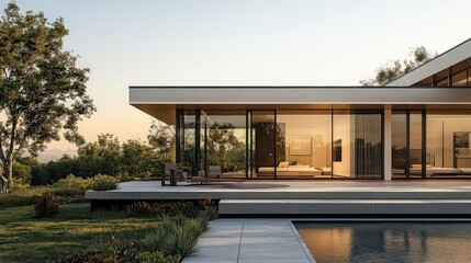 Fototapeta premium Modern minimalist house with glass walls and sleek lines, blending with the surrounding natural landscape for a serene and contemporary living experience.