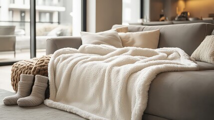  Cozy living room scene with soft white blanket and warm slippers beside couch, creating a relaxing, inviting atmosphere for comfort and relaxation.