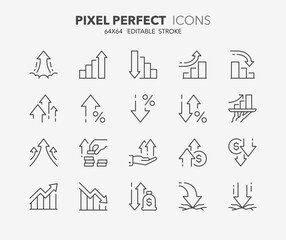 Line icons about increase and decrease. Contains such icons as stock market, profit, launch and more. Editable vector stroke. 64x64 pixel perfect