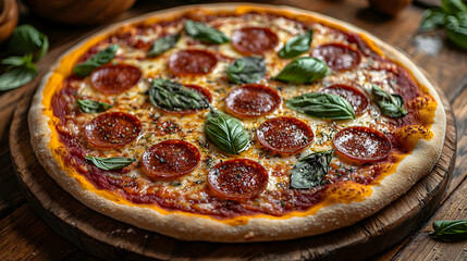 A gourmet pizza with bubbling melted cheese, fresh basil leaves, and slices of pepperoni, served on a rustic wooden table, captured under soft warm lighting to evoke a sense of indulgence and comfort