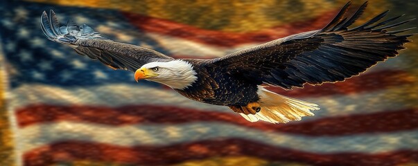 A bald eagle flying over an American flag 