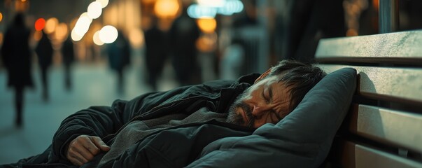 A homeless man sleeping on a bench 