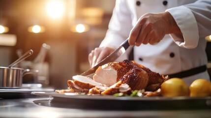 Chef Carving Juicy Turkey in Professional Kitchen