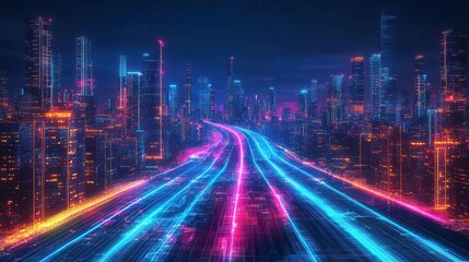 Naklejka premium Illustrate a cityscape with holographic colored pathways, exuding futuristic creativity