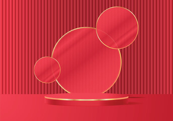 Luxury red podium product display stage with 3D floor background with circle shape