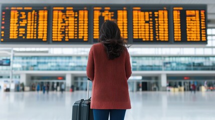A traveler stands at an airport, gazing at the flight information board while holding a suitcase, anticipating their journey.