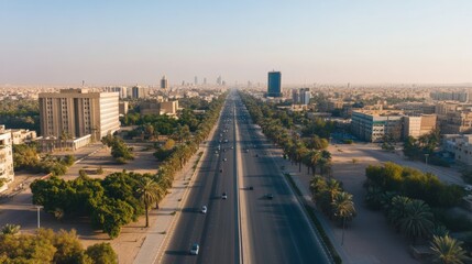 Aerial view of a wide road lined with palm trees and modern buildings, capturing the essence of urban life and tranquility.