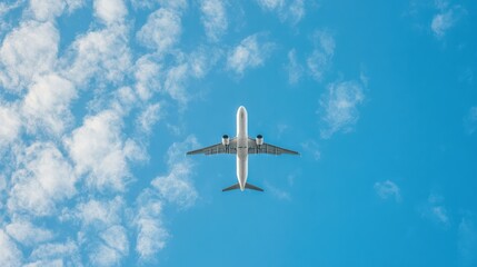 Fototapeta premium Aerial view of an airplane flying in a clear blue sky with fluffy clouds, capturing the essence of travel and adventure.