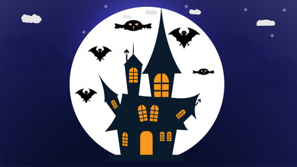 Halloween Spooky Blue Vector Scene under the moonlight house and bats