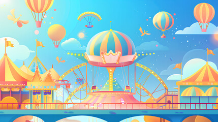 Cartoon style, cartoon background with clouds and buildings in the sky, a round podium on top of it, coins flying around, amusement park in the distance, yellow pink blue gradient color scheme