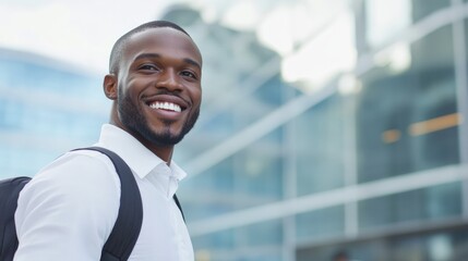 Happy young man smiling outdoors with modern building background, portraying confidence and positivity in urban setting.