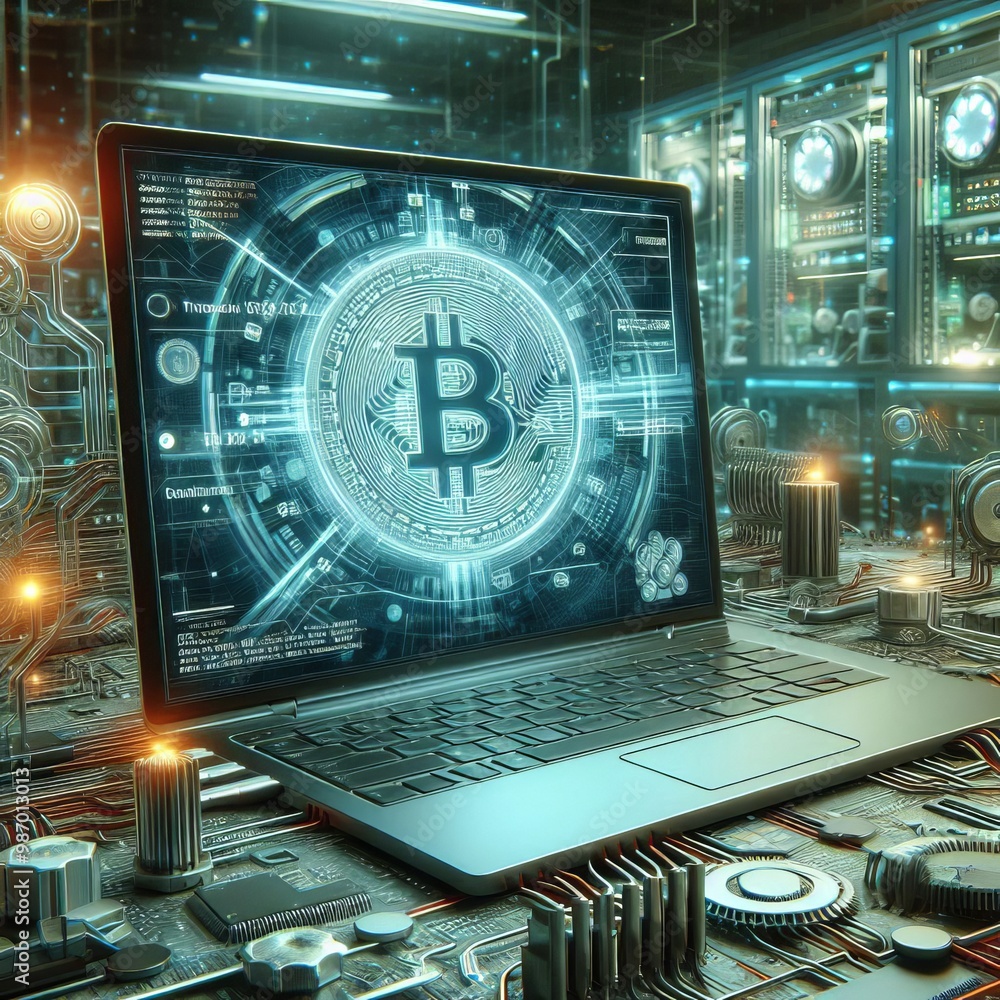 Poster a high-tech digital image featuring a laptop displaying a glowing bitcoin symbol in a futuristic, ci