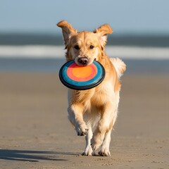 A Golden Retriever dog playing fetch with a frisbee on a sunny beach