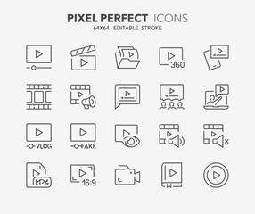Line icons about video. Contains such icons as video lesson, aspect ratio, viral and more. Editable vector stroke 2 of 2 sets. 64x64 pixel perfect